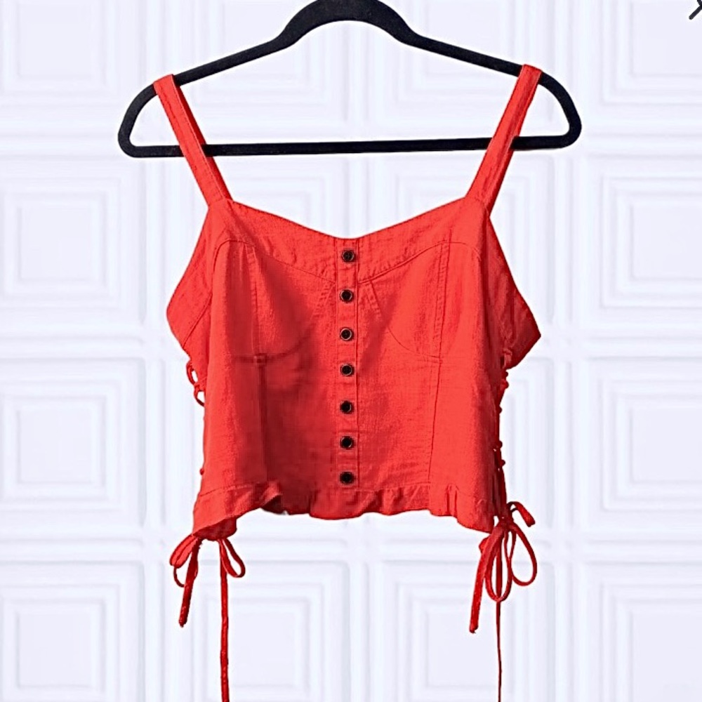 Red Smocked LINEN Lux Red Cami Top-  Linen
